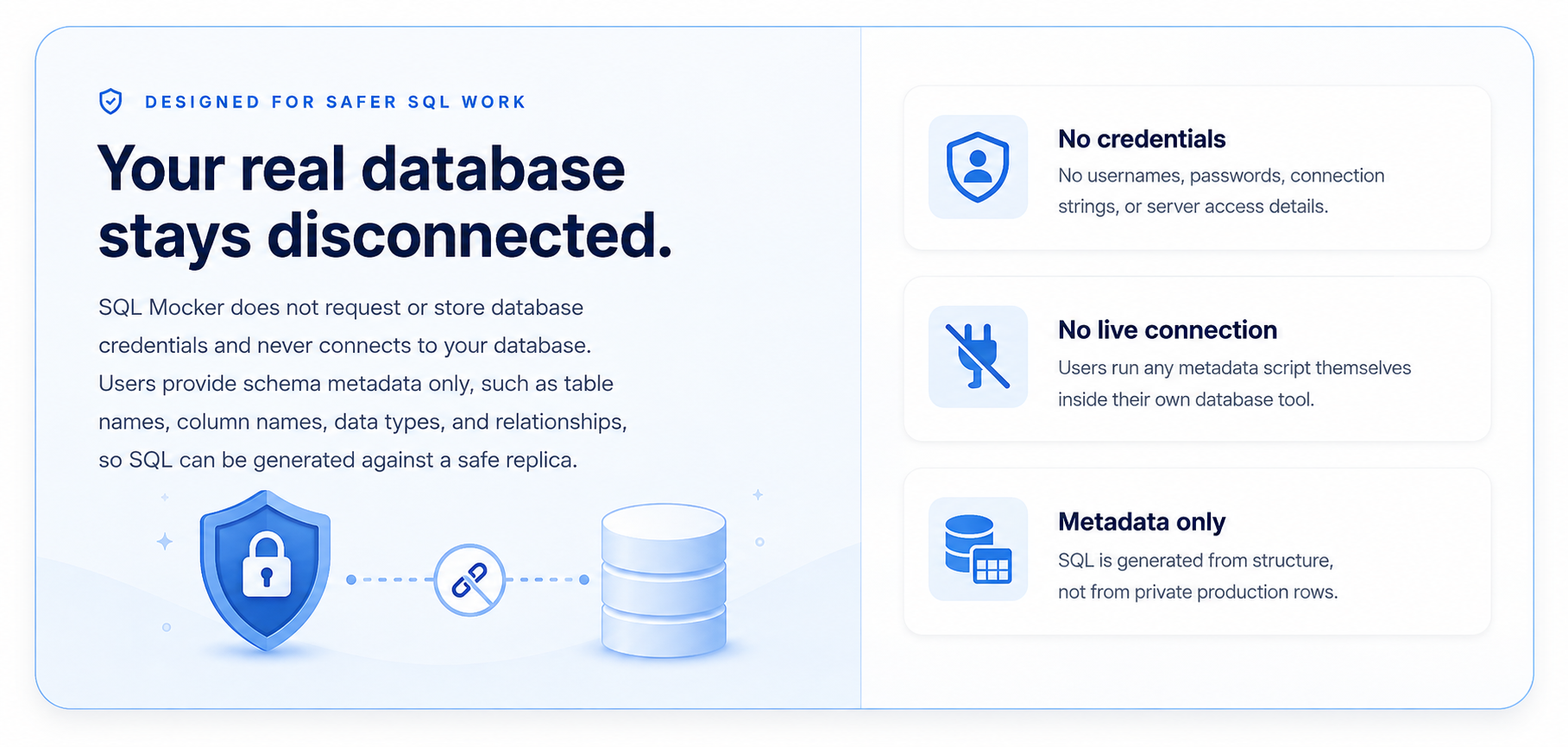 SQL Mocker keeps your real database disconnected by using schema metadata without database credentials or a live connection.